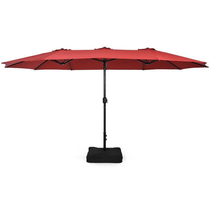 15 Feet Double-Sided Twin Patio Umbrella with Crank and Base-Red