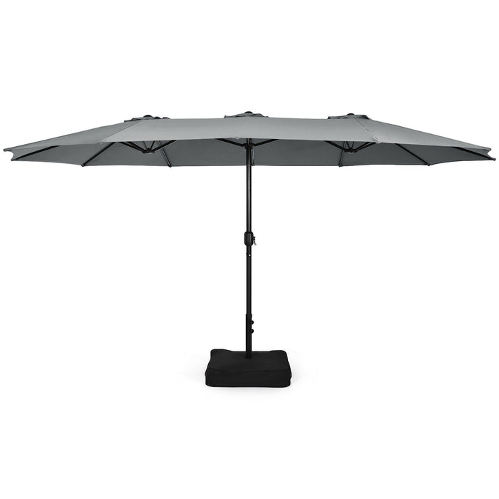 15 Feet Double-Sided Twin Patio Umbrella with Crank and Base-Gray