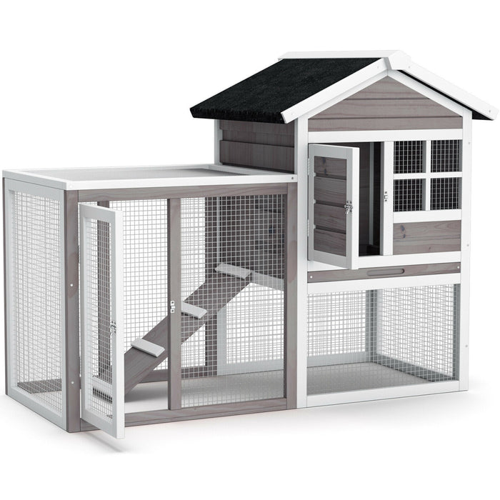 2-Story Wooden Rabbit Hutch with Running Area-Gray