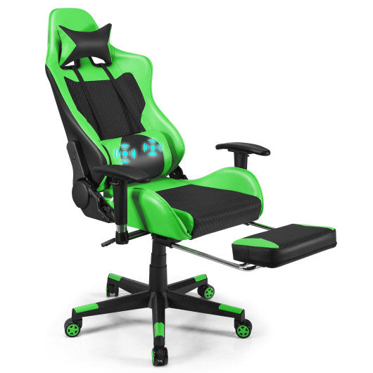 PU Leather Gaming Chair with USB Massage Lumbar Pillow and Footrest -Green