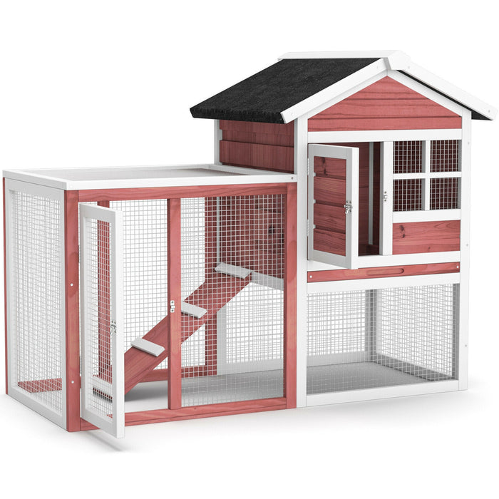 2-Story Wooden Rabbit Hutch with Running Area-White