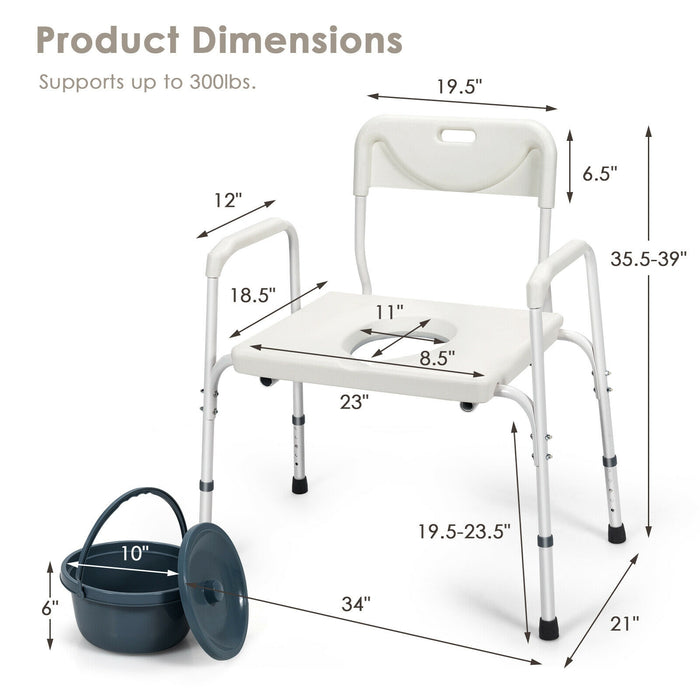 3-in-1 Bedside Commode Portable Toilet with Adjustable Height