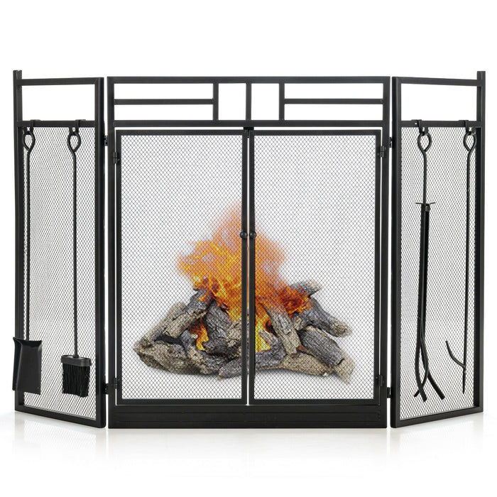 3-Panel Folding Wrought Iron Fireplace Screen with Doors and 4 Pieces Tools Set-Black