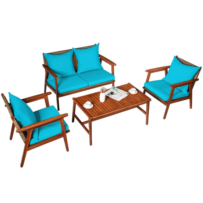 4 Pieces Acacia Wood Patio Rattan Furniture Set-Turquoise