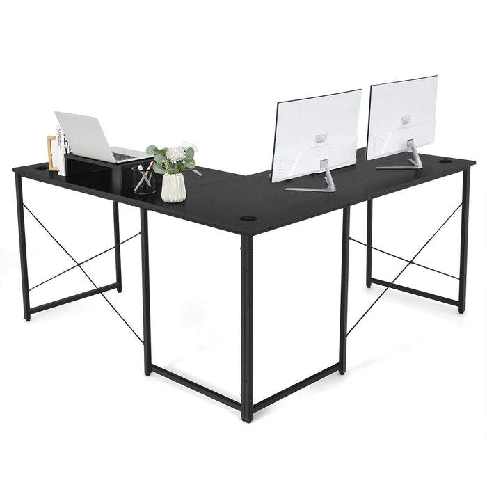 95 Inch 2-Person L-Shaped Long Reversible Computer Desk with Monitor Stand-Black