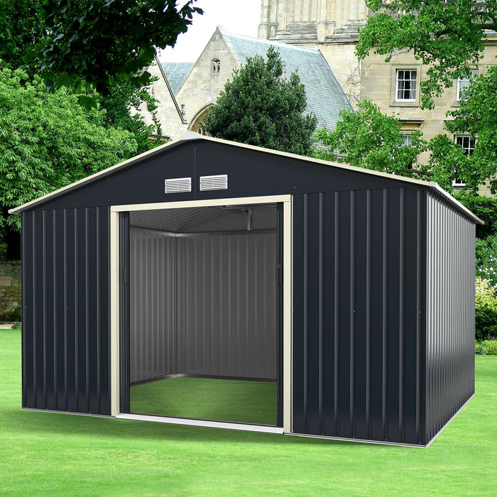 11 x 8 Feet Metal Storage Shed for Garden and Tools with 2 Lockable Sliding Doors-Gray