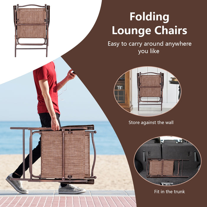 Set of 2 Patio Folding Sling Back Camping Deck Chairs-Brown