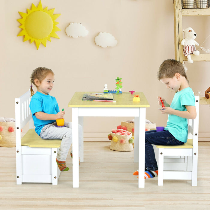 4 Pieces Kids Wooden Activity Table and Chairs Set with Storage Bench and Study Desk-Natural