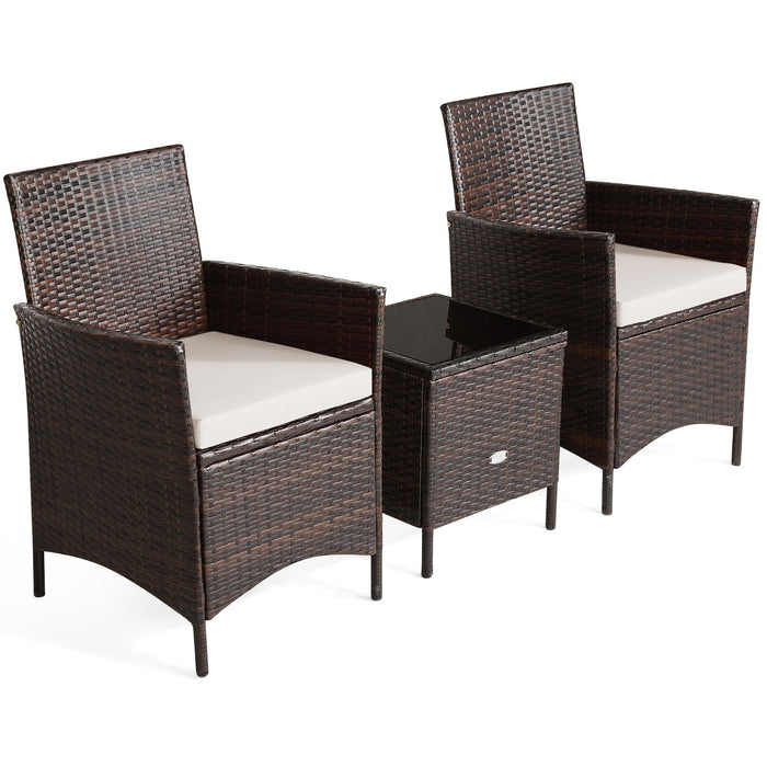 3 Pieces Patio Rattan Furniture Set Cushioned Sofa and Glass Tabletop Deck-White