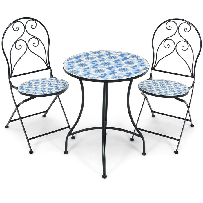 2 Pieces Patio Folding Mosaic Bistro Chairs with Blue Floral Pattern