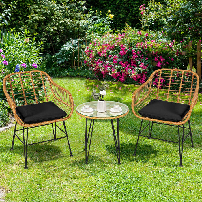 3 Pieces Rattan Furniture Set with Cushioned Chair Table-Black