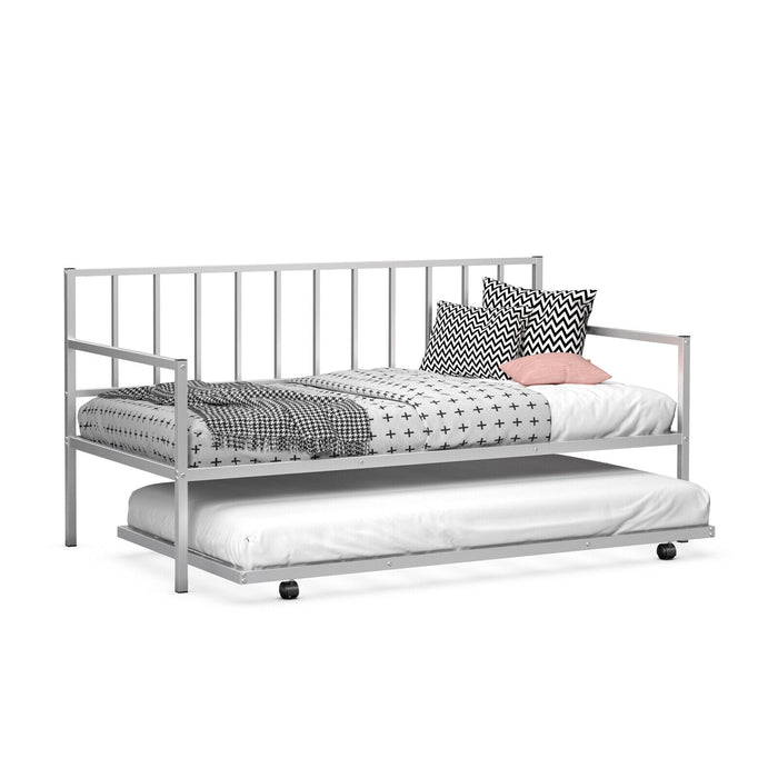 Twin Metal Daybed Sofa Bed Set with Roll Out Trundle-Silver