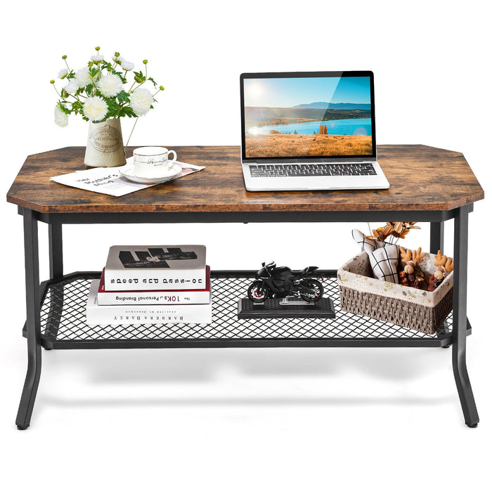 2-Tier Industrial Coffee Table with Open Mesh Storage Shelf for Living Room-Rustic Brown