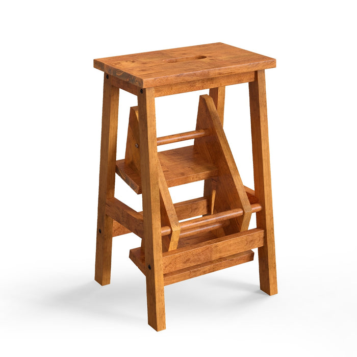 3-in-1 Rubber Wood Step Stool with Convenient Handle-Dark Brown