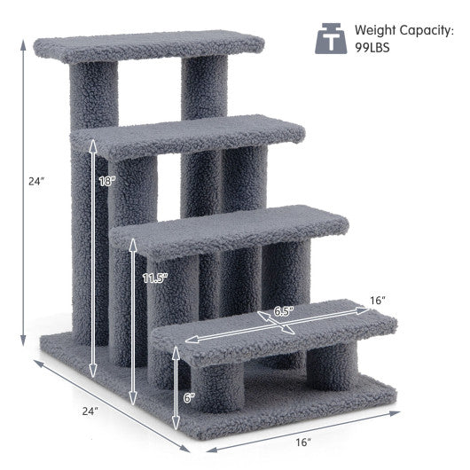 24 Inch 4-Step Pet Stairs Carpeted Ladder Ramp Scratching Post Cat Tree Climber-Gray