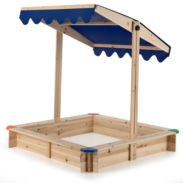 Kids Wooden Sandbox with Height Adjustable and Rotatable Canopy Outdoor Playset