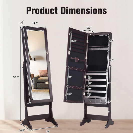 Lockable Mirrored Jewelry Cabinet with Stand and Led Lights-Brown