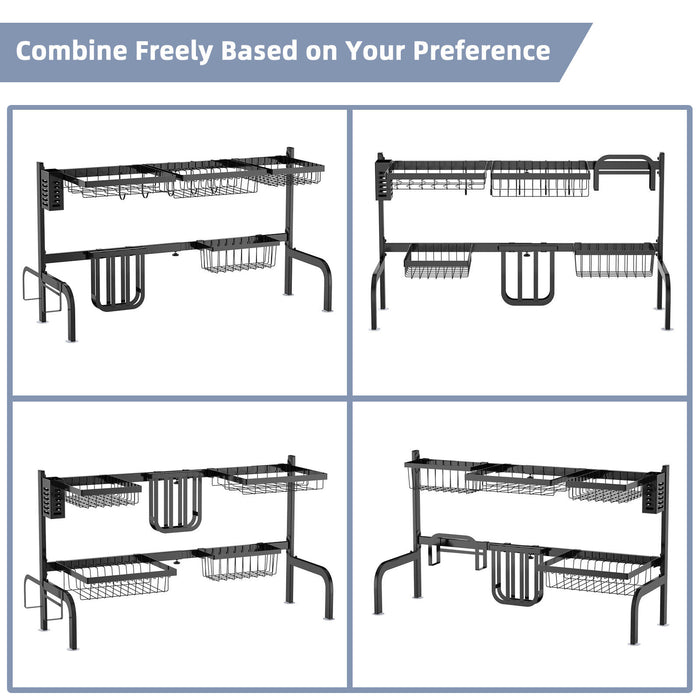 2 Tier Adjustable Over Sink Dish Drying Rack with 8 Hooks