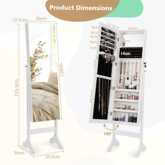 Adjustable Standing Jewelry Cabinet with Full Length Mirror-White