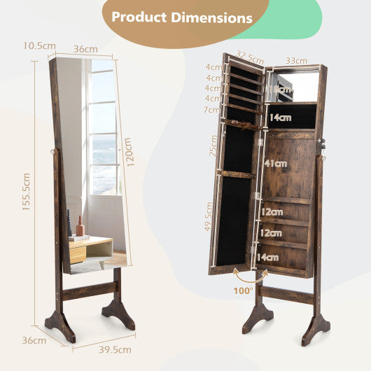 Standing Jewelry Cabinet with Full Length Mirror-Brown