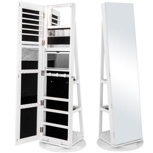 360Â° Rotating Mirrored Jewelry Cabinet Armoire 3 Color LED Modes Lockable-White