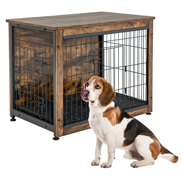 Wooden Dog Crate Furniture with Double Door and Tray-Brown