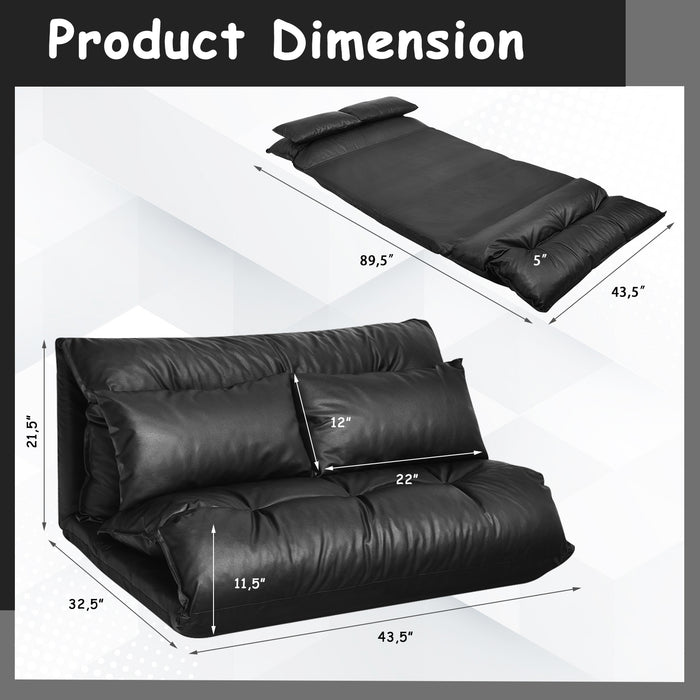 Foldable PU Leather Leisure Floor Sofa Bed with 2 Pillows-Black