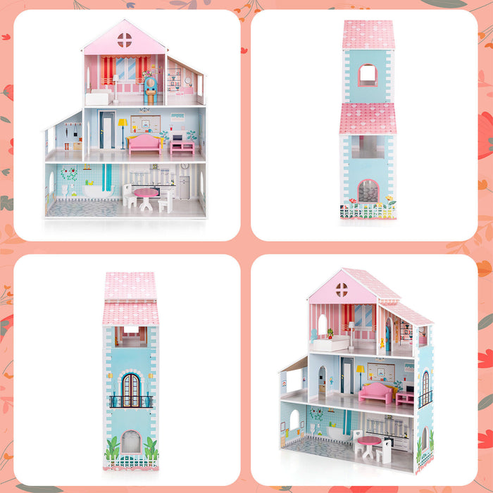 3-Tier Toddler Doll House with Furniture Gift for Age over 3