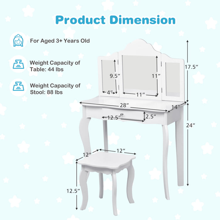 Kids Makeup Dressing Mirror Vanity Table Stool Set