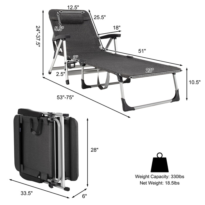 Beach Folding Chaise Lounge Recliner with 7 Adjustable Position-Gray