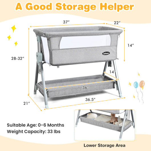 Adjustable Baby Bedside Crib with Large Storage-Gray