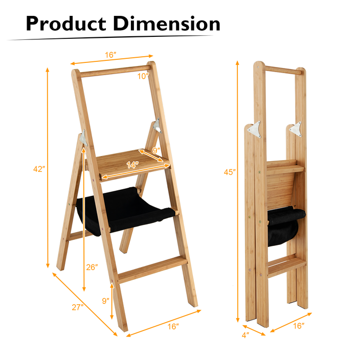 3 Step Foldable Bamboo Step Ladder Stool with Tool Storage Bag-Natural