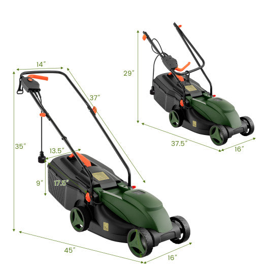 10 AMP 13 Inch Electric Corded Lawn Mower with Collection Box-Black & Green