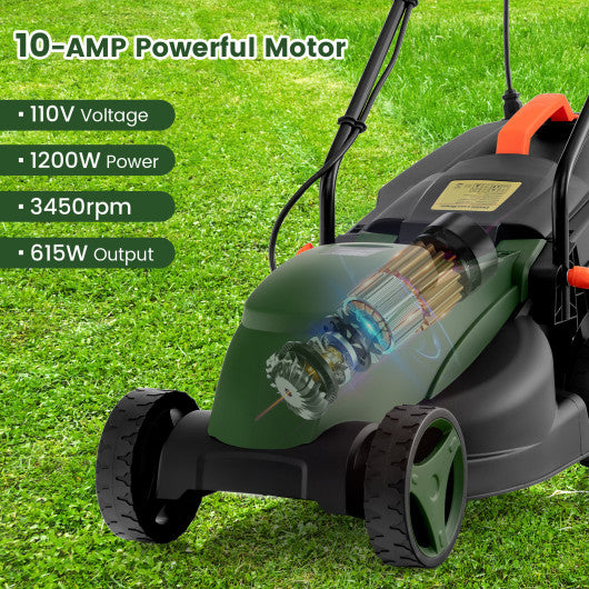 10 AMP 13 Inch Electric Corded Lawn Mower with Collection Box-Black & Green