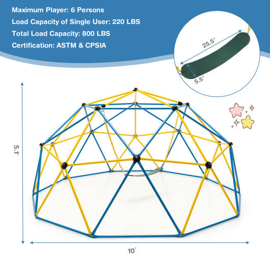 10 Feet Dome Climber with Swing and 800 Lbs Load Capacity-Multicolor