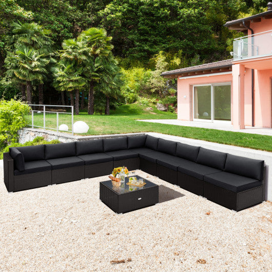 10 Piece Outdoor Wicker Conversation Set with Seat and Back Cushions-Black