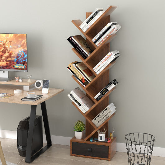 10-Tier Tree Bookshelf with Drawer and Anti-Tipping Kit-Brown