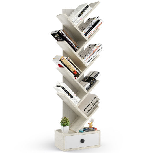 10-Tier Tree Bookshelf with Drawer and Anti-Tipping Kit-Beige