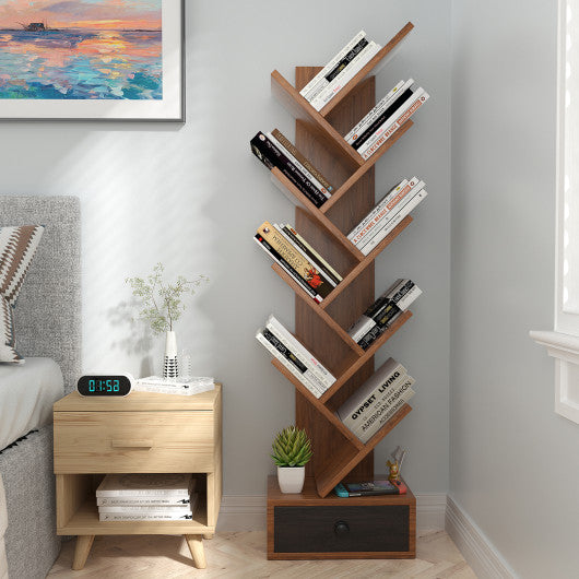 10-Tier Tree Bookshelf with Drawer and Anti-Tipping Kit-Brown