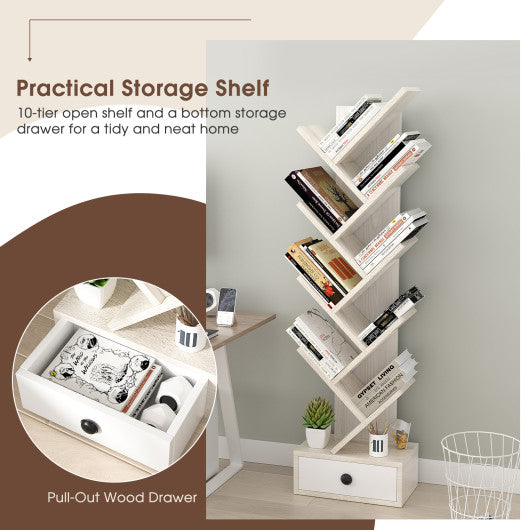 10-Tier Tree Bookshelf with Drawer and Anti-Tipping Kit-Beige