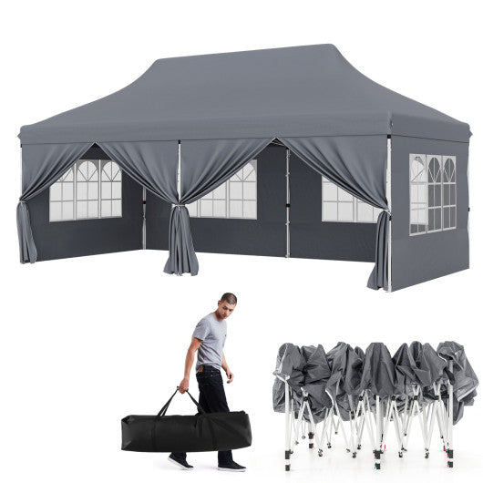 10 x 20 FT Pop up Canopy with 6 Sidewalls and Windows and Carrying Bag for Party Wedding Picnic-Gray