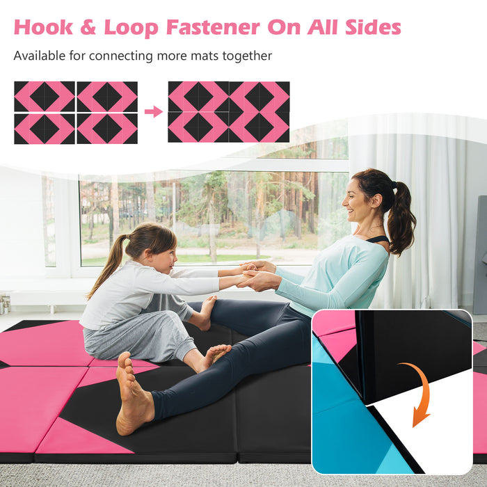 10 Feet x 4 Feet x 2 Inch Folding Exercise Mat with Hook and Loop Fasteners-Black and Pink