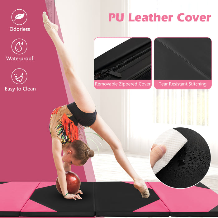 10 Feet x 4 Feet x 2 Inch Folding Exercise Mat with Hook and Loop Fasteners-Black and Pink