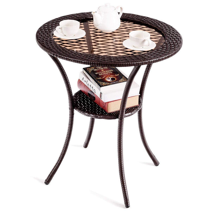 Round Rattan Wicker Coffee Table with Lower Shelf