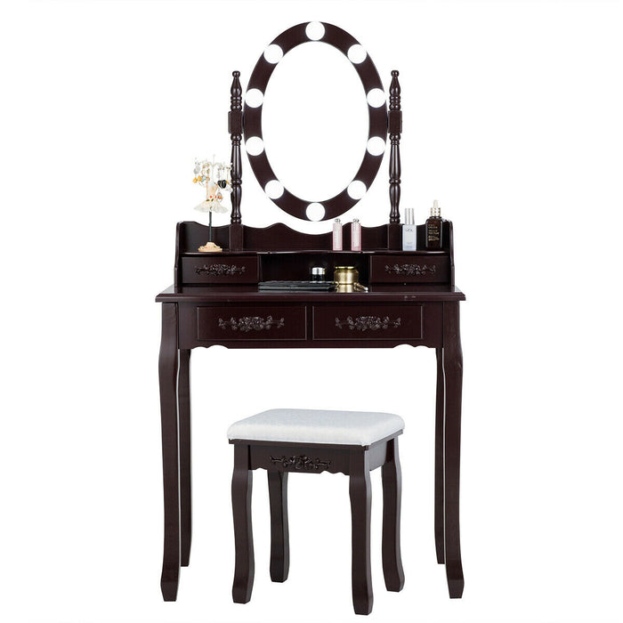 Makeup Dressing Table with Touch Switch Lighted Mirror and Cushioned Stool-Brown