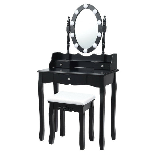 Oval Mirror Vanity Set  with 10 LED Dimmable Bulbs and 3 Drawers-Black