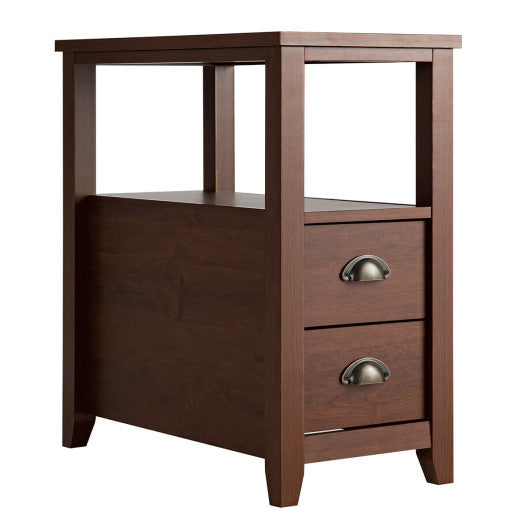 End Table Wooden with 2 Drawers and Shelf Bedside Table-Brown