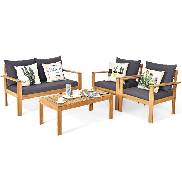 Outdoor 4 Pieces Acacia Wood Chat Set with Water Resistant Cushions-Gray