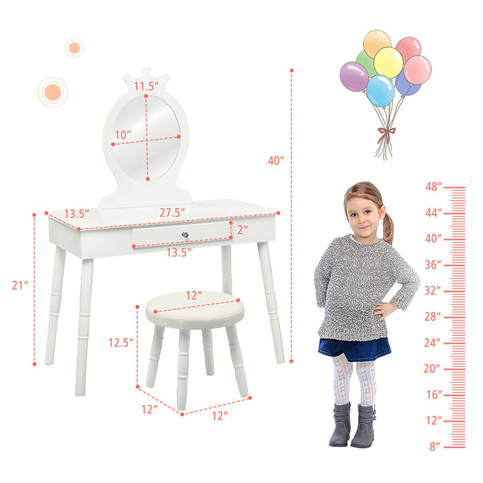 Kids Vanity Makeup Table & Chair Set Make Up Stool-White