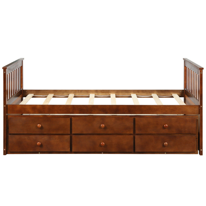 Twin Captainâ€™s Bed with Trundle and 3 Storage Drawers-Walnut